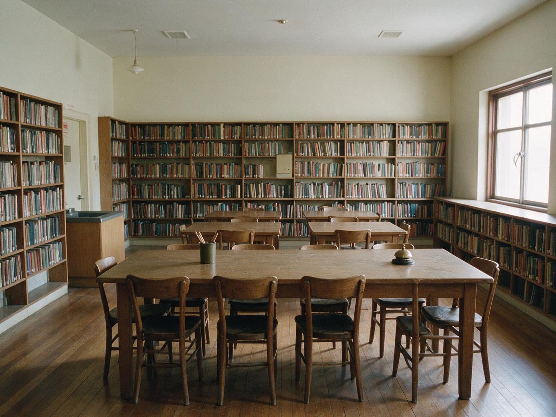 A quiet library reading room with long wooden tables, rows of chairs and bookshelves lining the walls