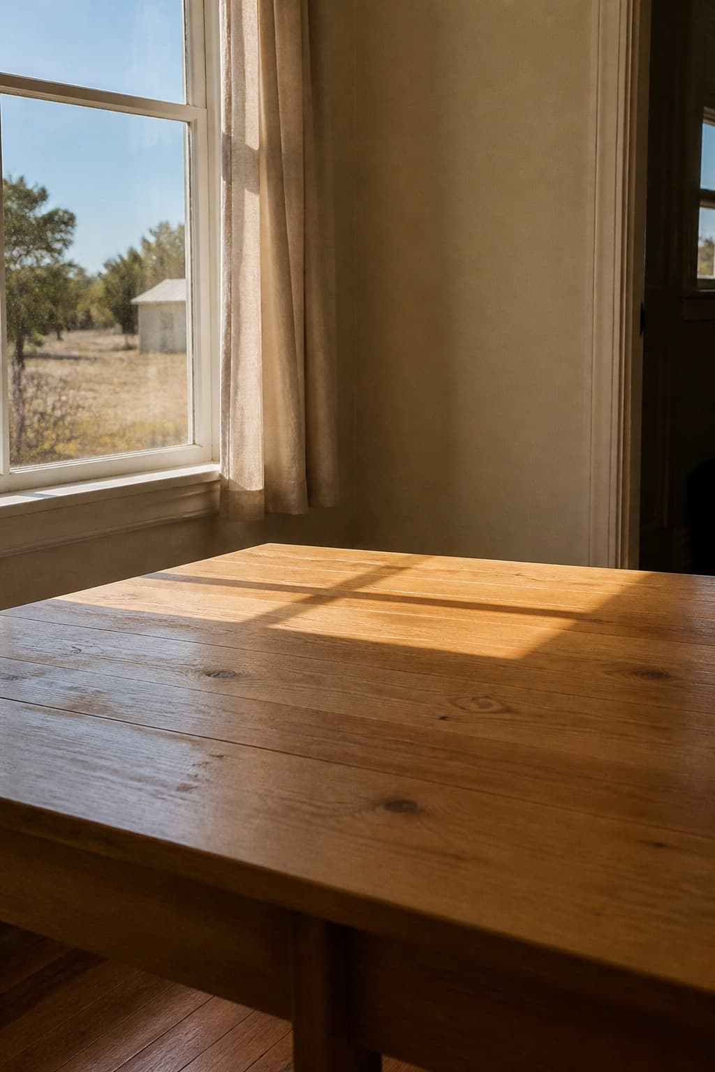 An empty wooden table in a sunlit room beside a window looking out over a dry field