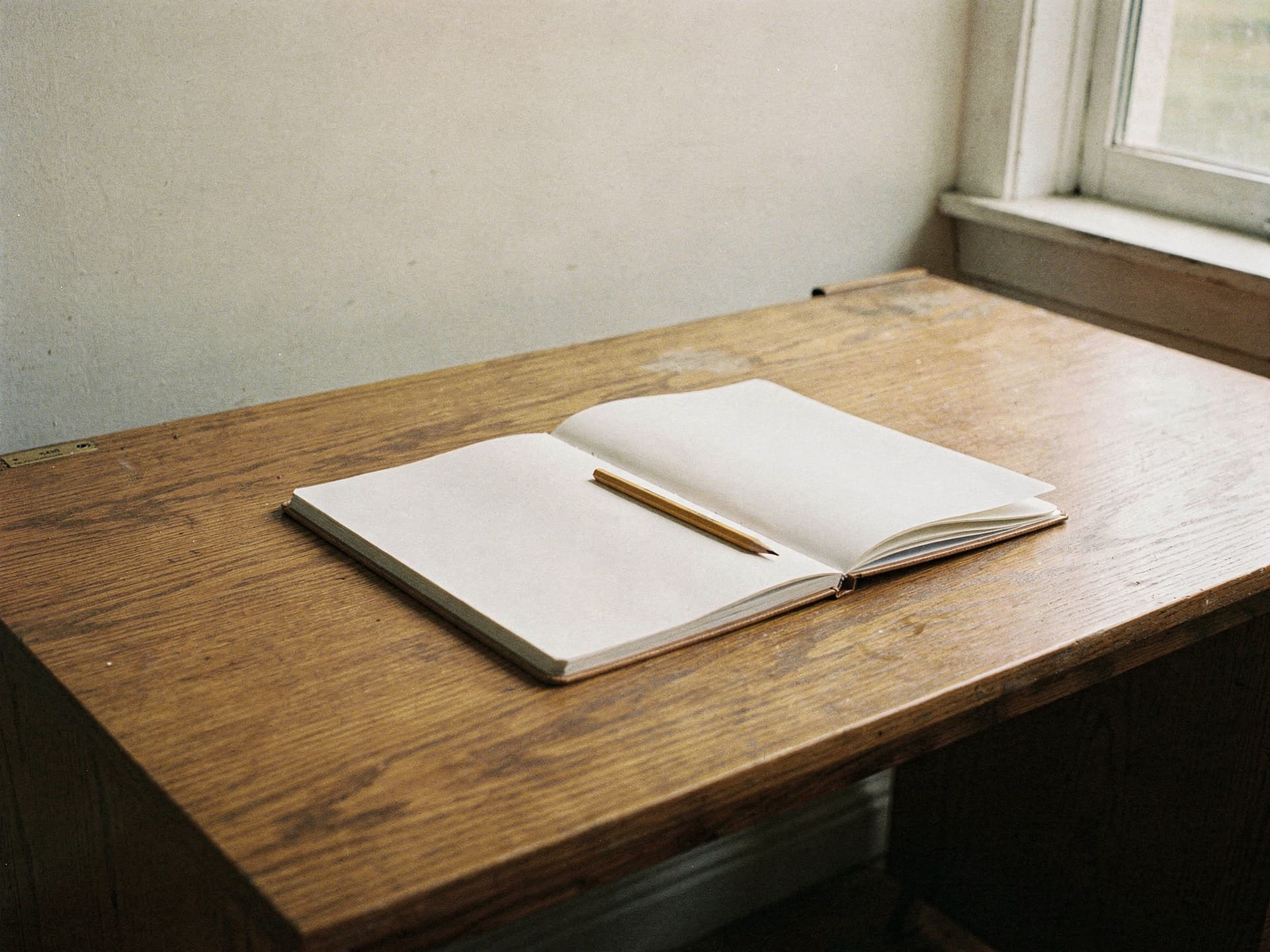 An open paper notebook with a pencil resting on it on a worn oak desk beside a window